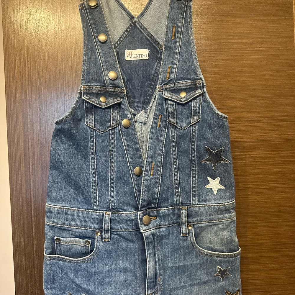RED Valentino Blue Denim Star Embellished Jumpsuit Romper
